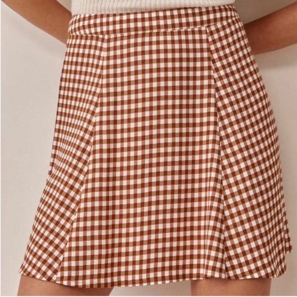 Reformation Brown and White Gingham Flounce Skirt Women’s Size 8